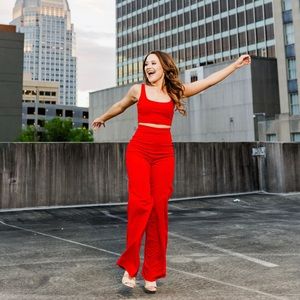 Red two pieces matching set, worn once.